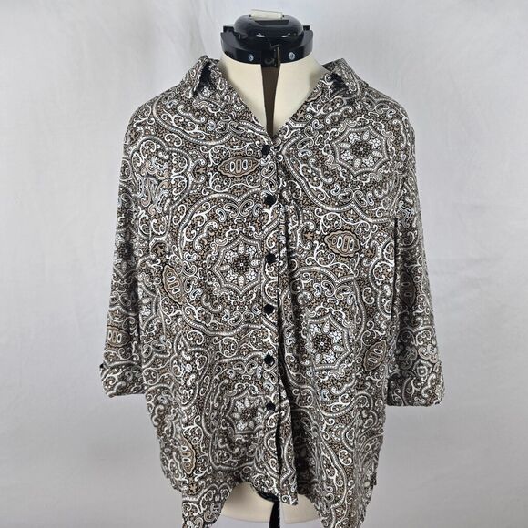 Catherines Blouse Womens 1X Petite Brown White Paisley Buttons Roll Tab Sleeve - Picture 1 of 15